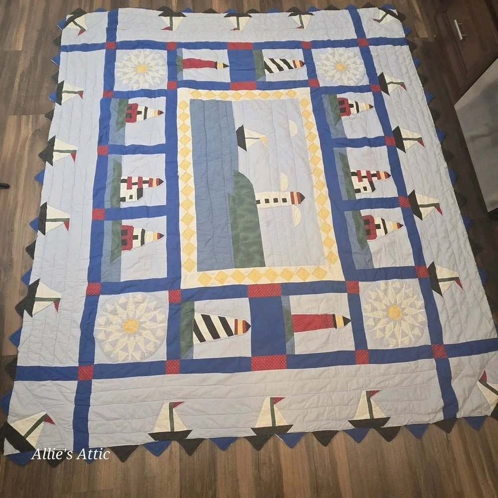 Nautical Blanket Quilt Lighthouse Beach Boat Blue Red Black Queen Size Duvet